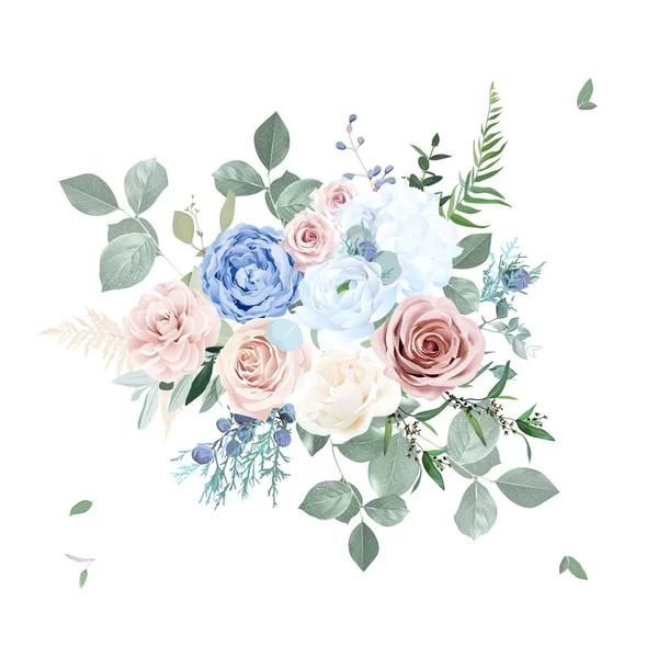 Dusty rosa rubor, azul y cremoso flores de color rosa vector de diseño ramo de boda — Vector de stock