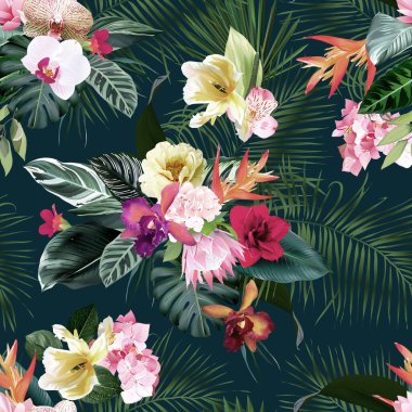 Egzotik tropik çiçekler, orkide, strelitzia, hibiscus, protea, ylang-ylang, palmiye, canavar yaprakları vektörsüz desen.