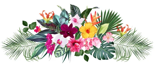 Flores tropicales exóticas, orquídea, strelitzia, hibisco, buganvilla, gloriosa, palma, hojas de monstera diseño vectorial ramo — Archivo Imágenes Vectoriales