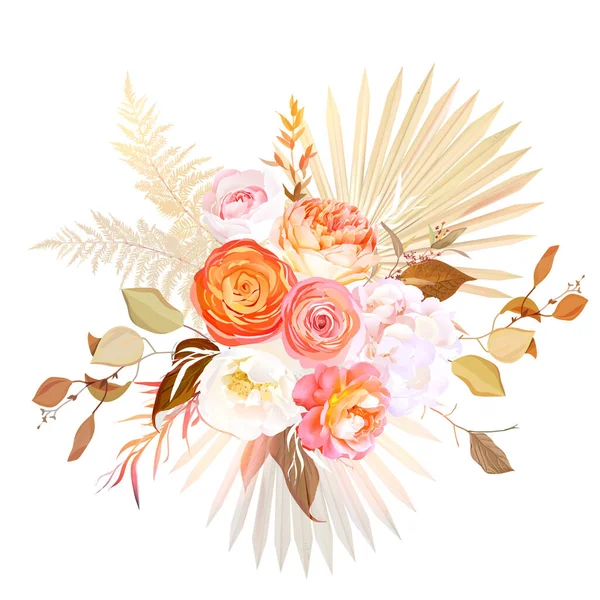 Hojas de palma secas de moda, rosa rubor, ranúnculo naranja, hortensias blancas, hierba de pampas — Vector de stock