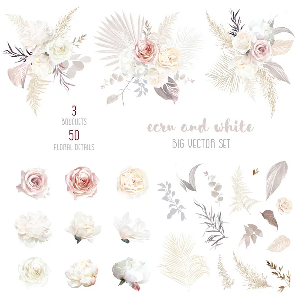 Ecru, wit, blos roze roos, bleke ranunculus, pioen, magnolia, hortensia, pampas gras, gedroogde palm — Stockvector