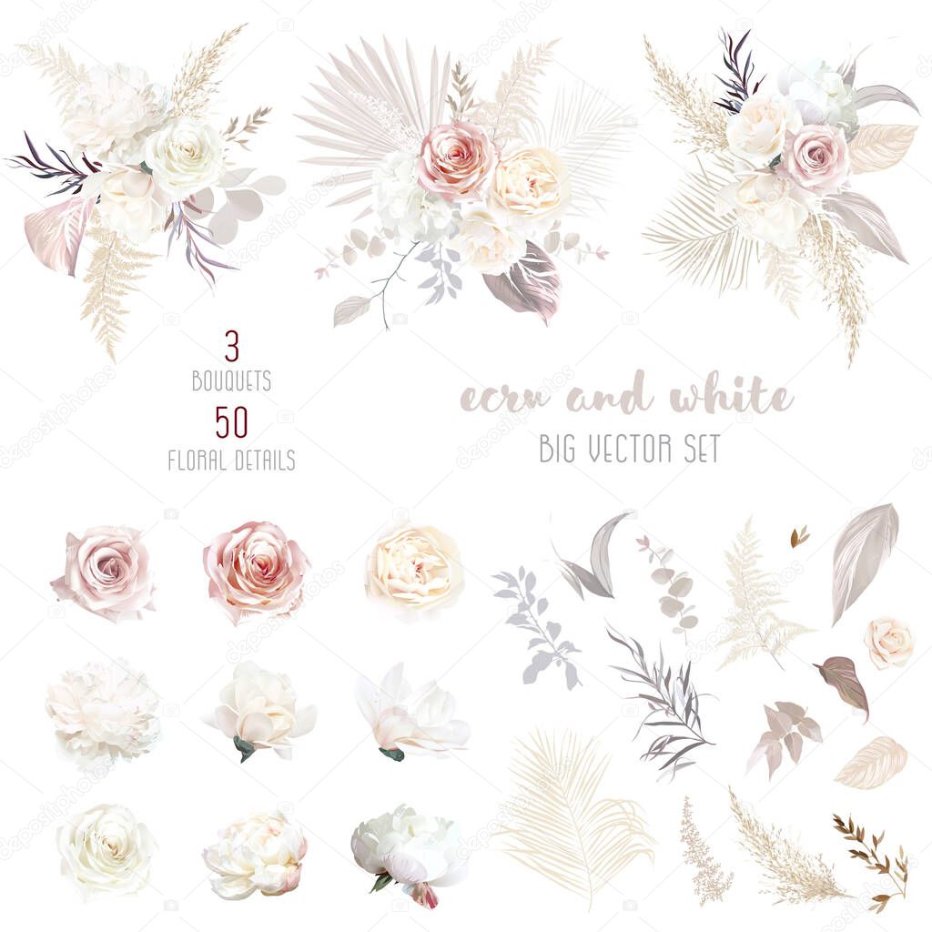 Ecru, white, blush pink rose, pale ranunculus, peony, magnolia, hydrangea, pampas grass, dried palm