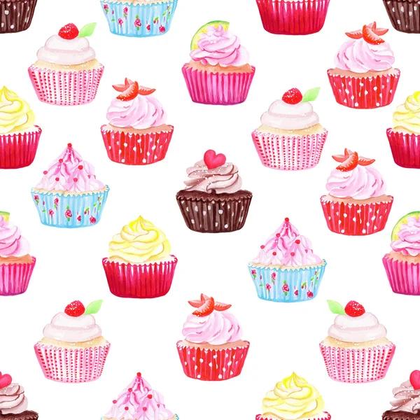 Watercolor cupcakes vector seamless pattern — Stock Vector