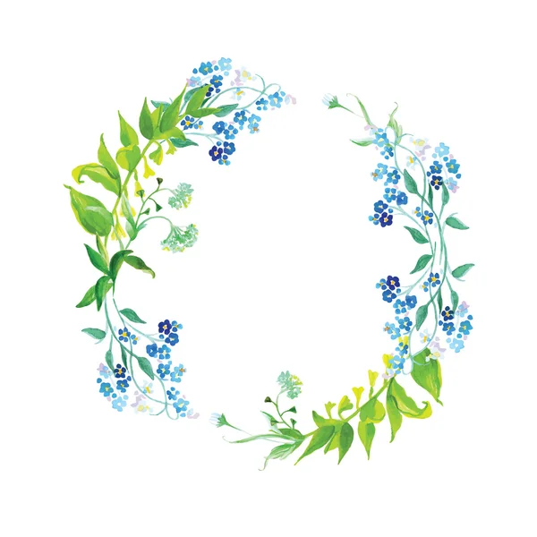 Forget-me-not and herb watercolor round vector frame — Stock Vector