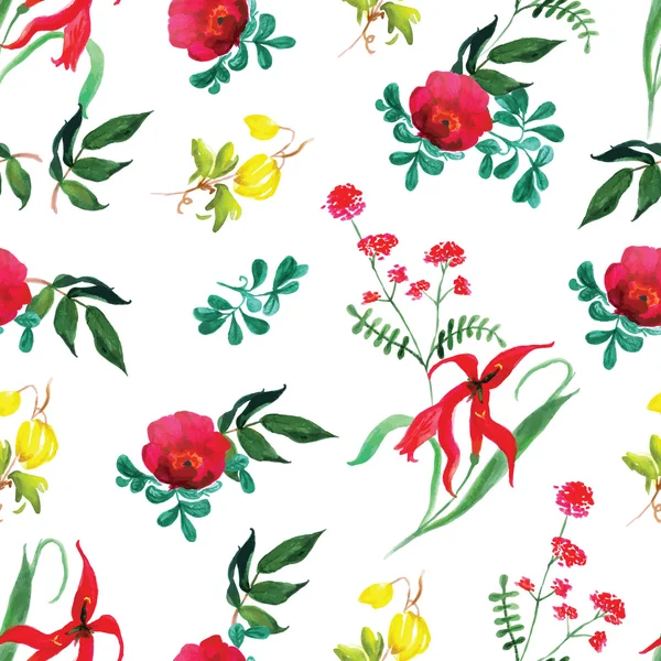 バラとエキゾチックな花の水彩画シームレスなベクトル印刷 — ストックベクタ