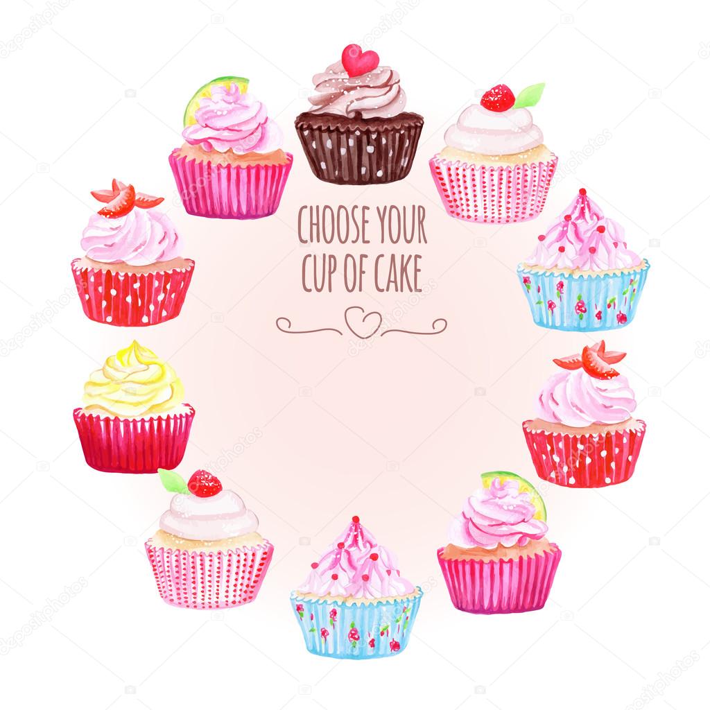 Colorful cupcakes vector design round frame
