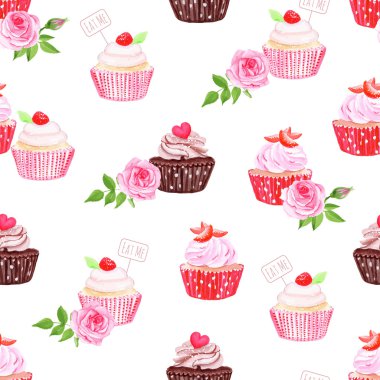 Chocolate and strawberry cupcakes seamless vector pattern