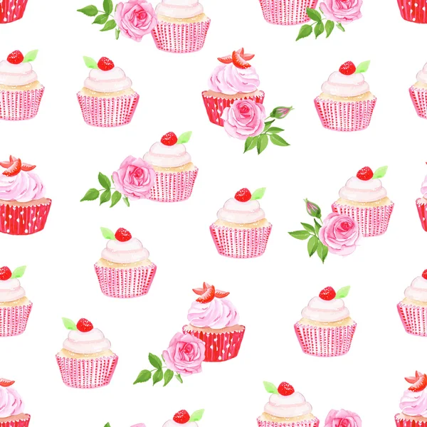 Pink cupcakes vector seamless pattern — Stock Vector