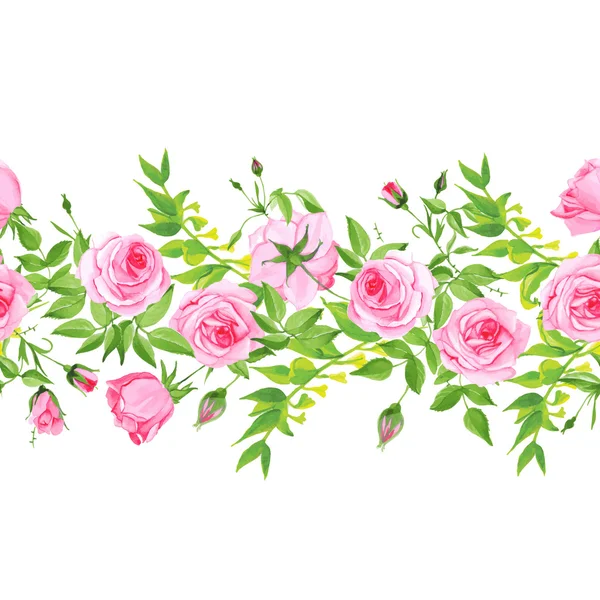 Hojas y rosas sin costura vector bandera horizontal — Vector de stock