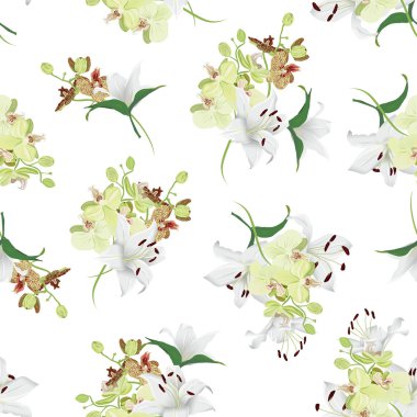 Sorunsuz arka plan beyaz lilyum ve orkide