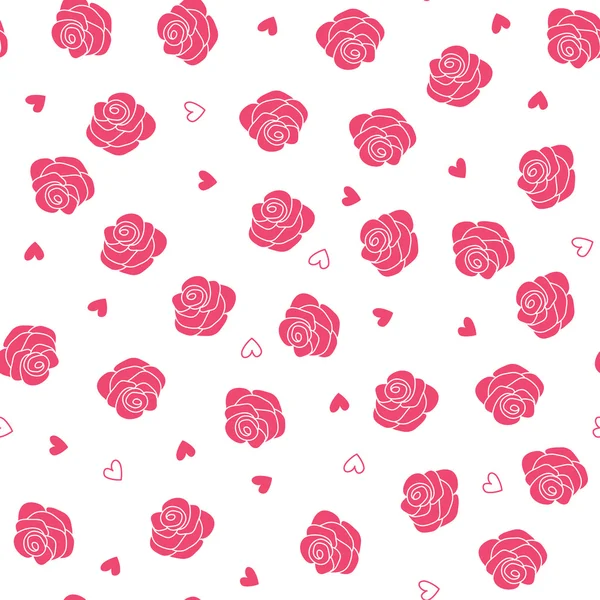 Rosas rosadas y corazones dispersos patrón sin costuras — Vector de stock