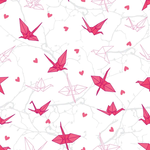 Grúas de origami enamoradas en las ramas print sin costuras — Vector de stock