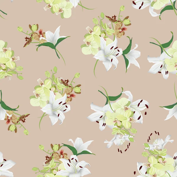 Lilies and orchids almond seamless background — Stock Vector