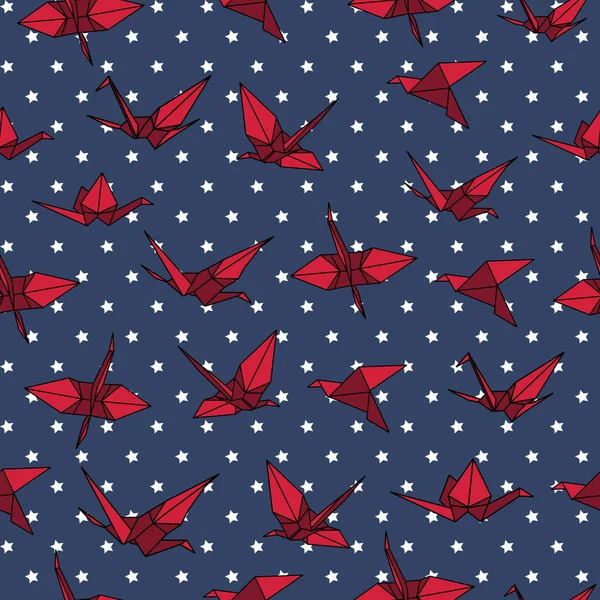 Patrón inconsútil de origami de grúa azul marino y rojo — Vector de stock