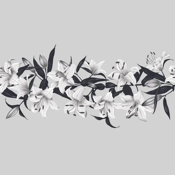 Lilies grey horizontal seamless vector banner — Stock Vector