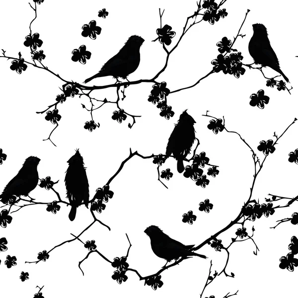 Bullfinches en el patrón sin costuras rama — Vector de stock