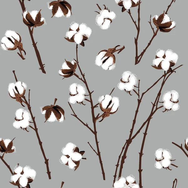 Cotton plants grey seamless pattern — Stock Vector