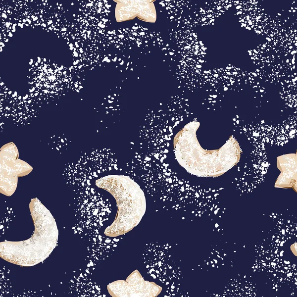 Navidad noche estrella y media luna galletas patrón sin costuras — Vector de stock