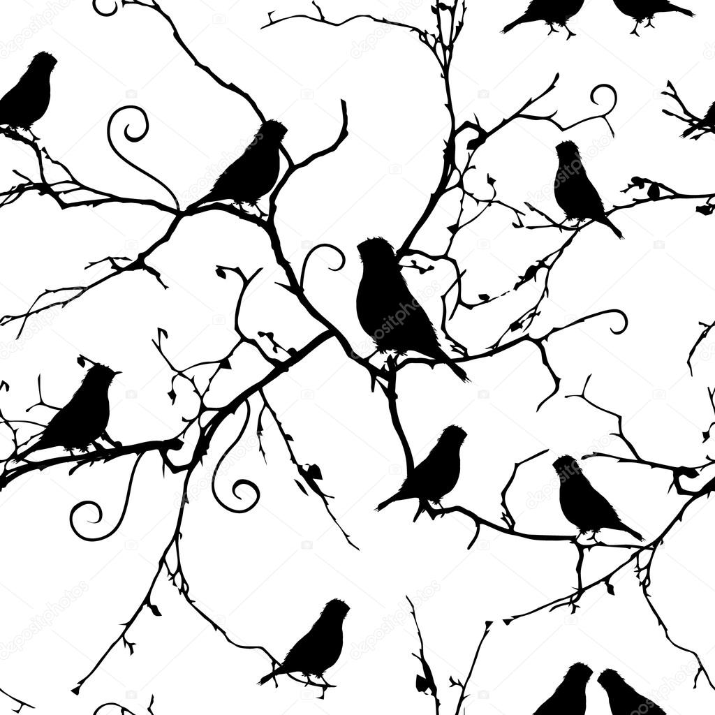 Birds on swirling branches seamless pattern, EPS10 file