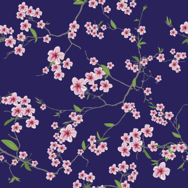 Chinese sakura dark blue kimono seamless pattern clipart