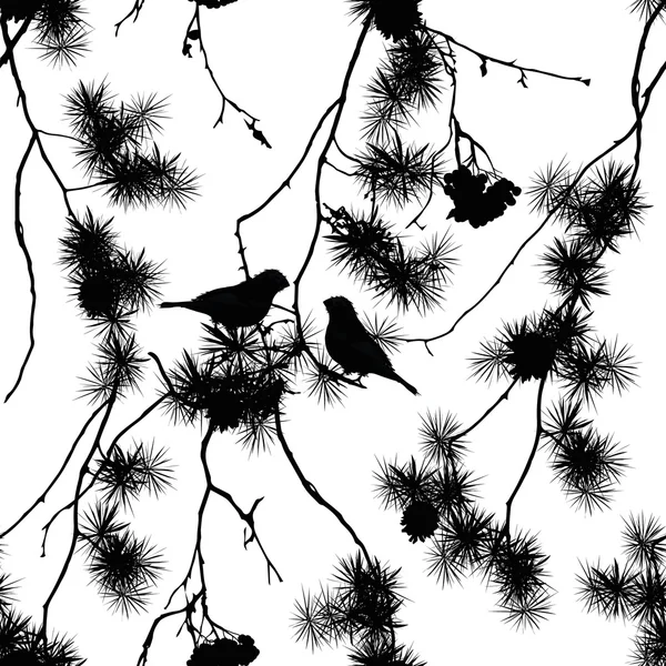 Oiseaux sur branches de pin imprimé sans couture — Image vectorielle