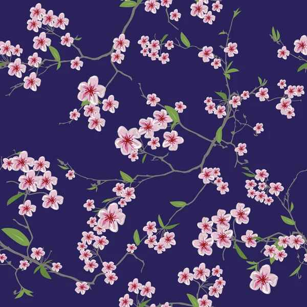 Chino sakura azul oscuro kimono patrón sin costura — Vector de stock