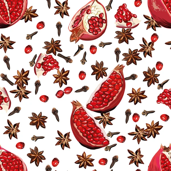 White spicy pomegranate seamless pattern — Stock Vector
