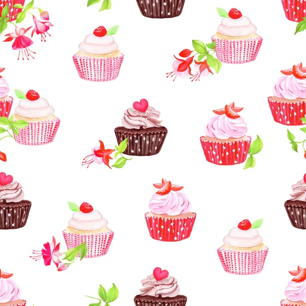 Chocolate morango cupcakes sem costura impressão vetorial — Vetor de Stock