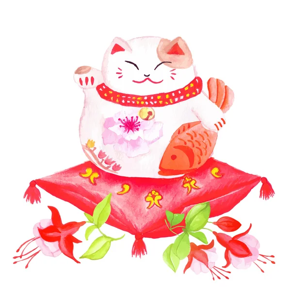 Chinese lucky cat sitting on the red pillow with fuchsia and wav — Stock Vector