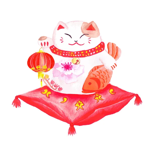 Chinese lucky cat sitting on the red pillow and holding the lant — Stock Vector