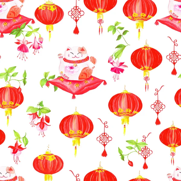 Chinese afdrukken met lantaarns, fuchsia en gelukkig katten. Aquarel — Stockvector