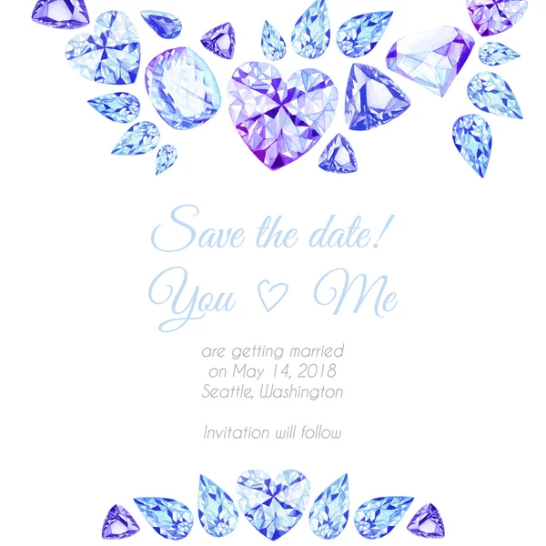 Diamants bleu et violet aquarelle vecteur cadre de conception — Image vectorielle