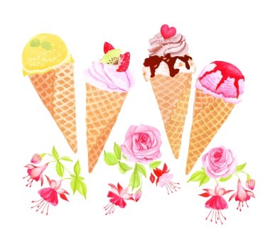 Ice - cream koni ve çiçekler suluboya vektör tasarım nesnesi