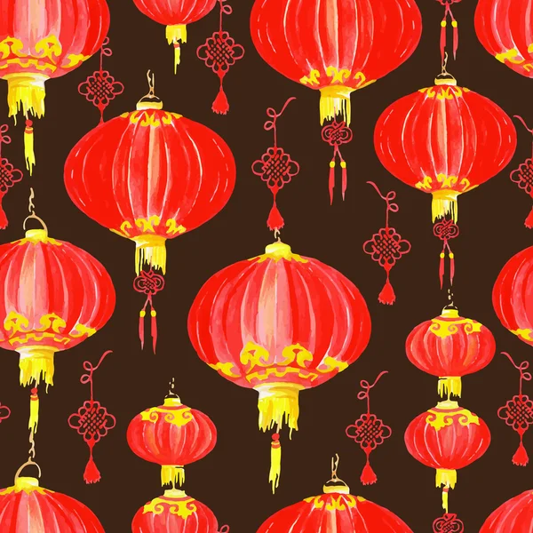 Lanterne chinoise orientale aquarelle motif vectoriel sans couture — Image vectorielle