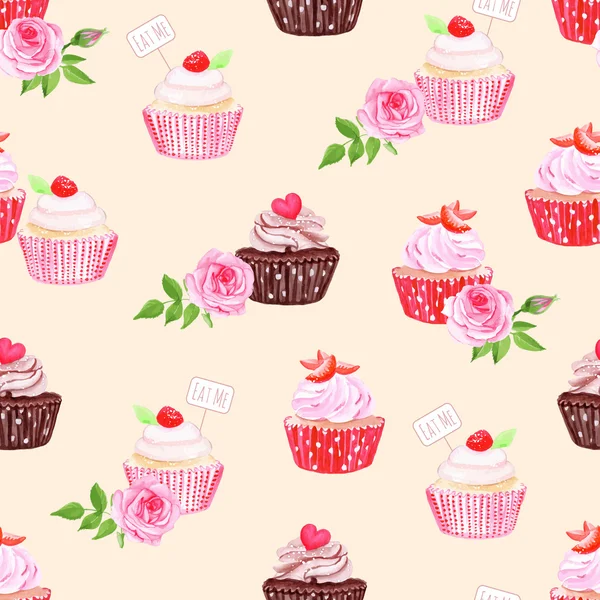 Chocolate y cupcakes beige impresión vectorial sin costuras — Vector de stock