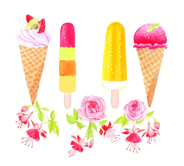 Ice-cream and flowers watercolor vector design object — Stock Vector
