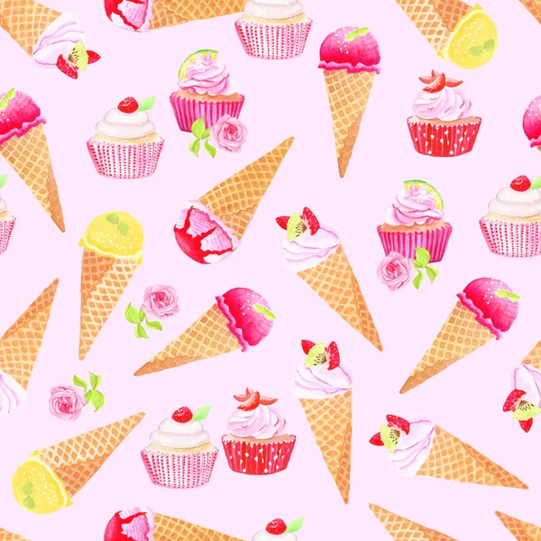 Conos de helado púrpura, cupcakes con rosas acuarela sin costuras v — Vector de stock