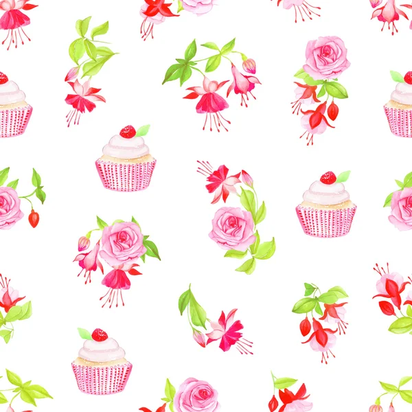 Blühende Fuchsien, Cupcakes und Rosen nahtloser Vektordruck — Stockvektor