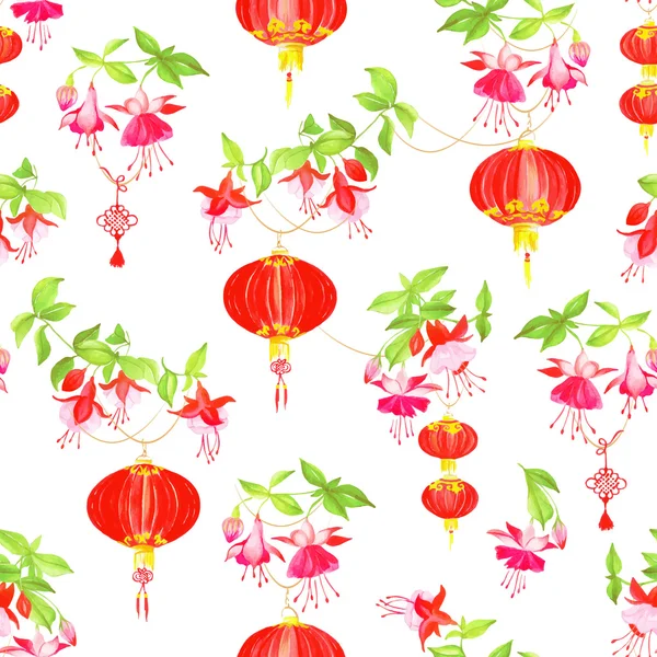 Oriental lanterns watercolor seamless vector pattern — Stock Vector