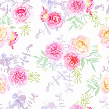 Peonies and roses seamless vector pattern in shabby chic style clipart