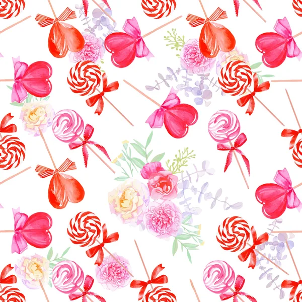 Dulces románticos con flores acuarela impresión vectorial sin costuras — Vector de stock