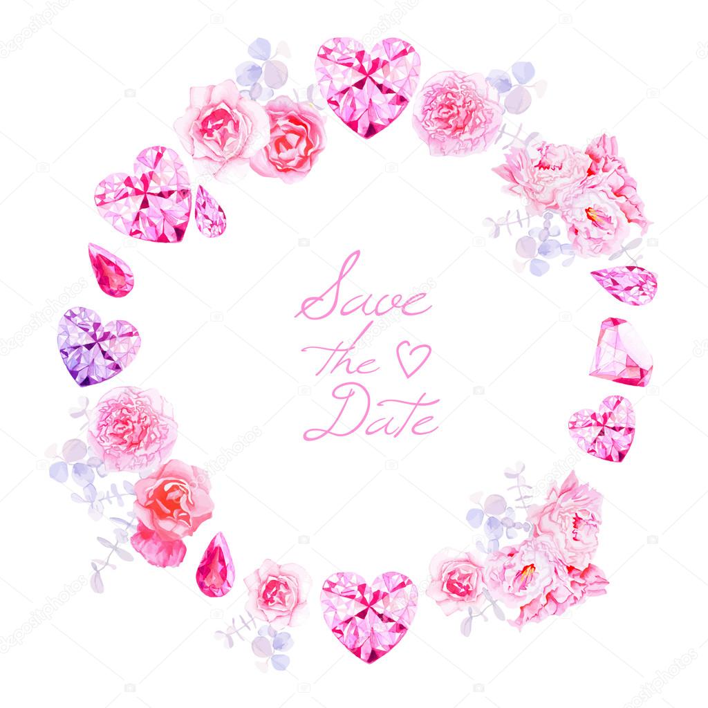 Pink diamonds, peonies and roses round vector frame