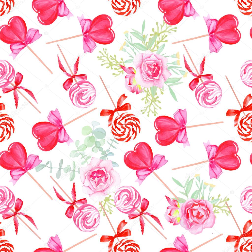 Pink candy with flowers seamless vector print