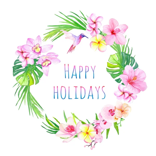 幸せな休日と熱帯の花のベクトルのデザイン フレーム — ストックベクタ