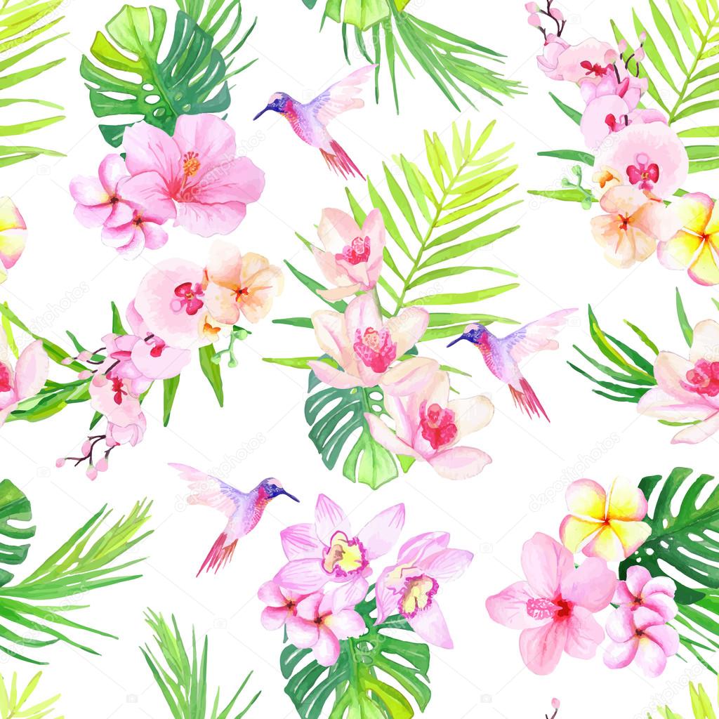 Hummingbirds and flowers seamless vector pattern