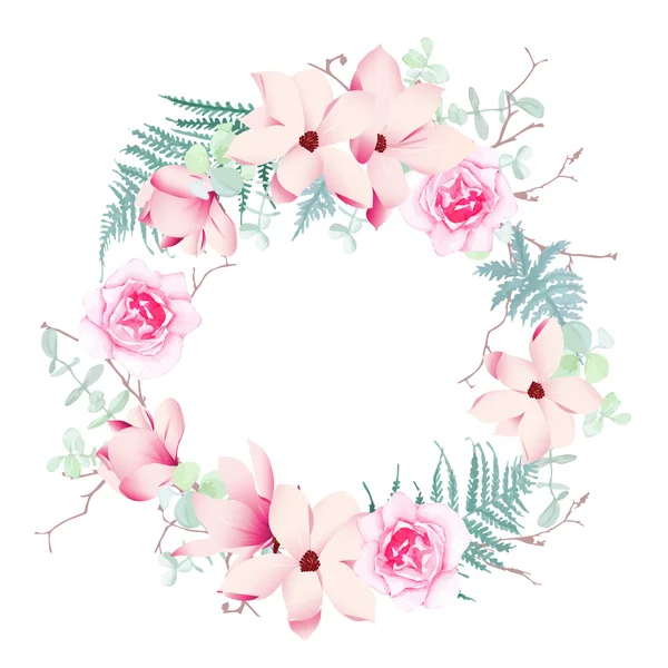 Magnolia, roses et fougère cadre vectoriel couronne de mariage . — Image vectorielle