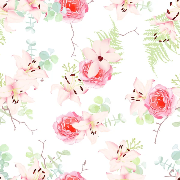 Delicate lily and roses seamless vector pattern - Stok Vektor