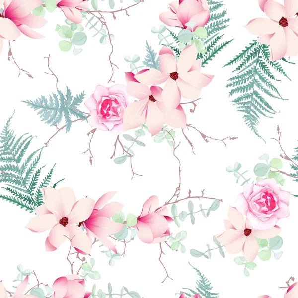 Magnolia china, rosas y helechos sin costura patrón de vectores — Vector de stock