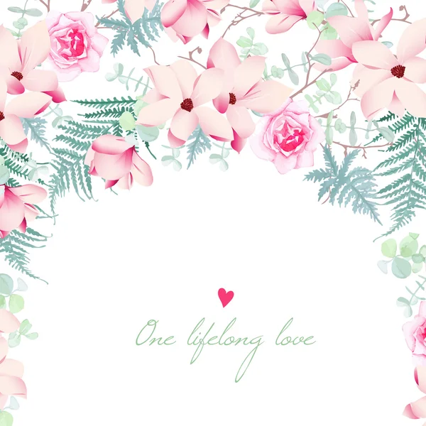 Wedding magnolia and rose flowers vector card - Stok Vektor