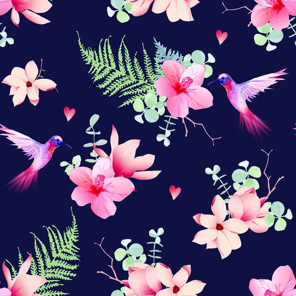 Granatowy wzór z tropikalnych kwiatów i latający kolibry — Wektor stockowy